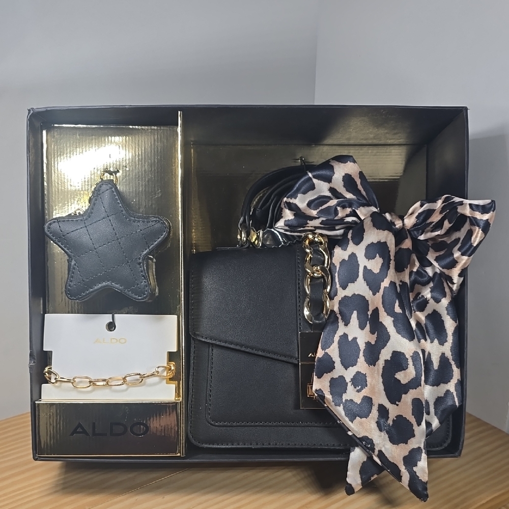 Aldo Black Crossbody Bag with Leopard Print Scarf Change Purse Bracelet NIB